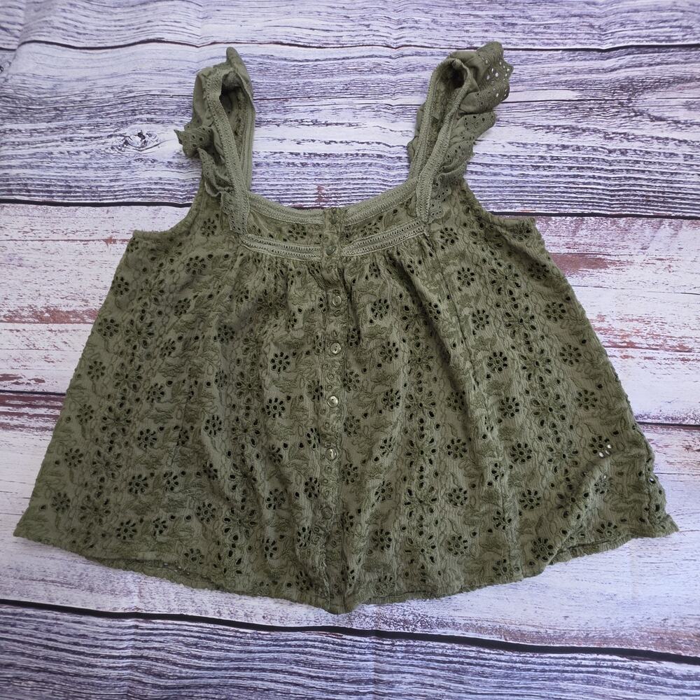 Lucky Brand Sleeveless Boho Peasant Button Down Embroidered Floral Green Size M
